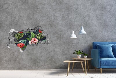 Sticker mural effet trou 3d Fleurs tropicales béton