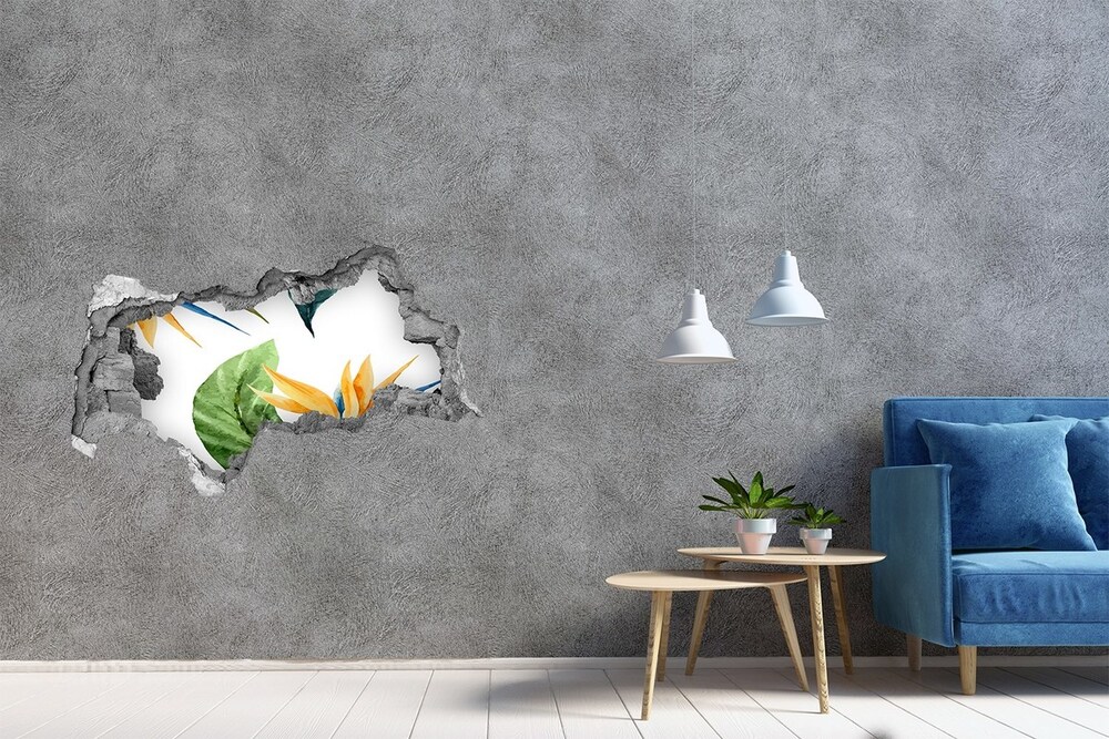 Sticker mural effet trou 3d Fleurs tropicales béton