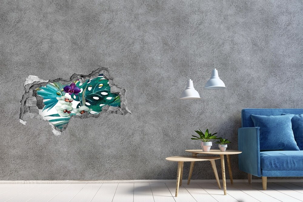 Sticker mural effet trou 3d Fleurs tropicales béton