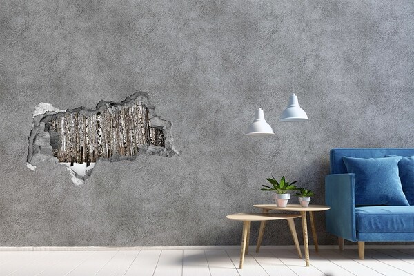 Sticker mural effet trou 3d Bouleaux en hiver béton