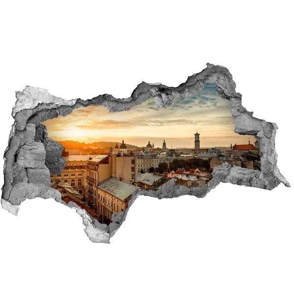 Sticker mural effet trou 3d Coucher de soleil sur la ville