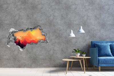 Sticker mural effet trou 3d Coucher de soleil dans les montagnes