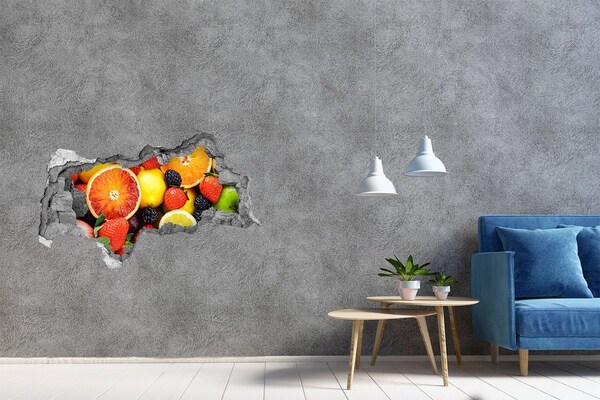 Sticker mural effet trou 3d Explosion de fruits derrière le mur