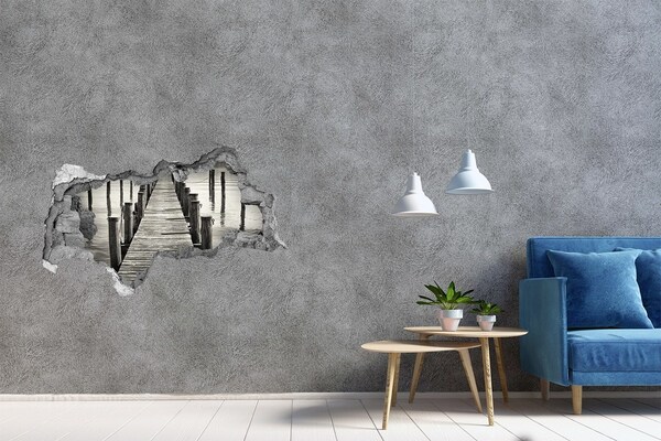 Sticker mural effet trou 3d Jetée en bois béton