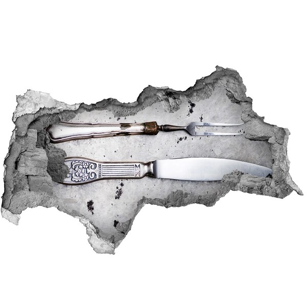 Autocollant mural trou Un mur abîmé avec des ustensiles de cuisine