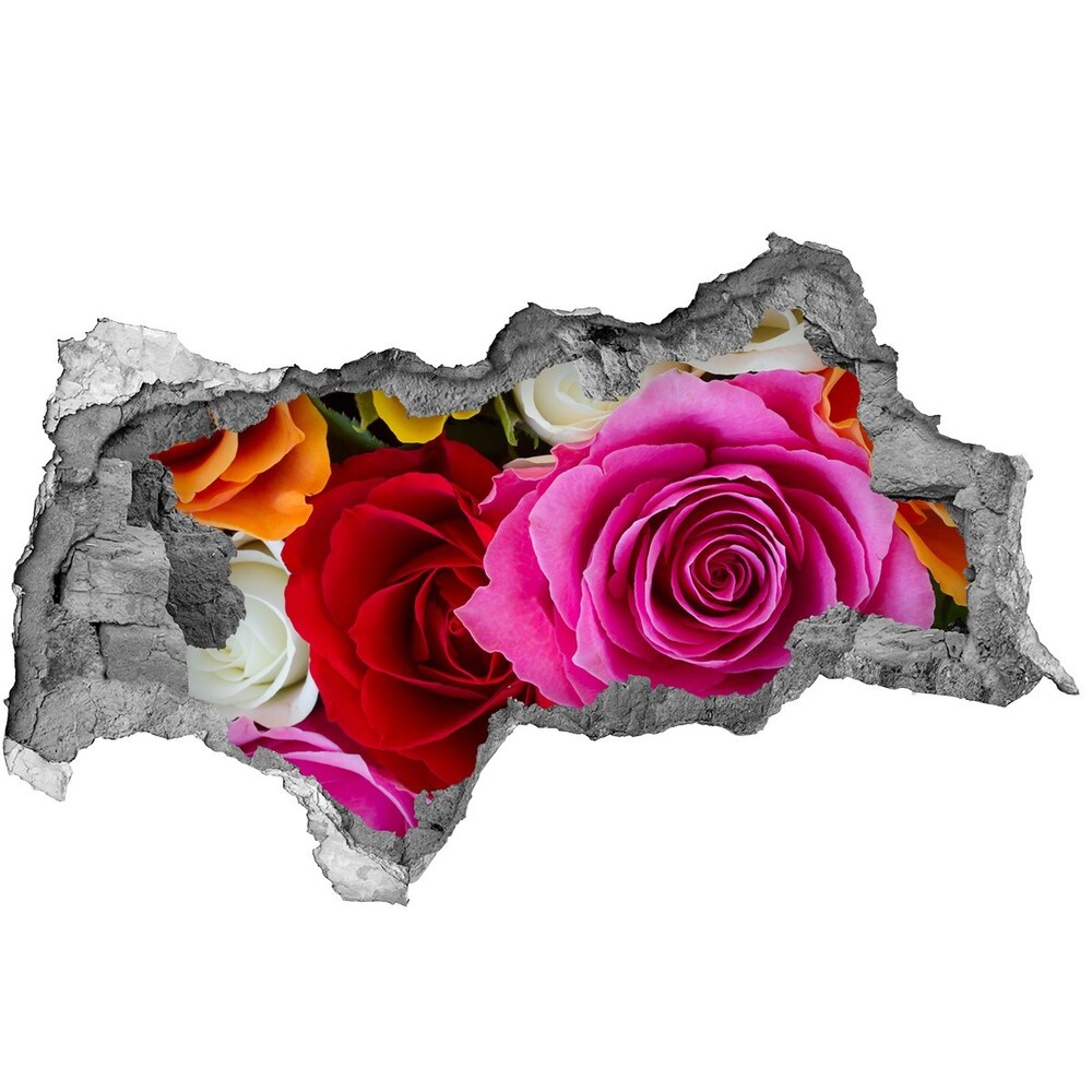 Sticker mural effet trou 3d Roses colorées béton