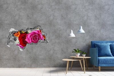 Sticker mural effet trou 3d Roses colorées béton