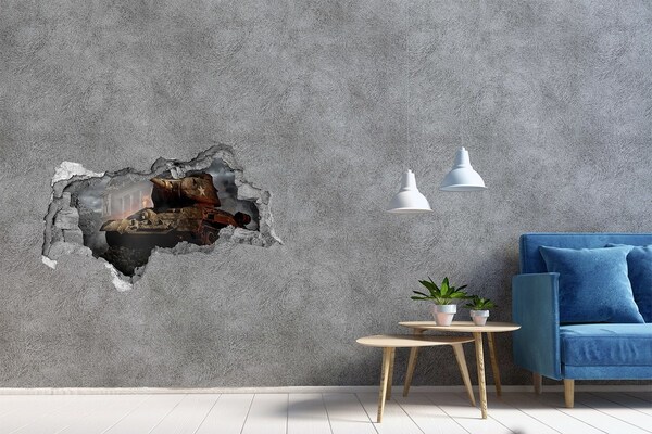 Sticker mural effet trou 3d Un char d'assaut dans les ruines de la ville