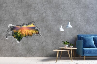 Sticker mural effet trou 3d Rayons dorés du soleil dans la forêt