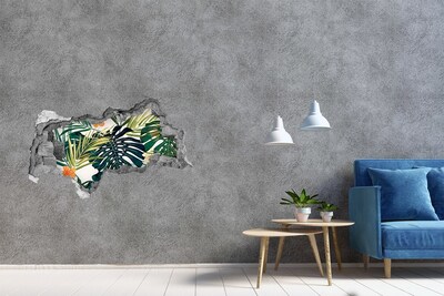 Sticker mural effet trou 3d Feuilles tropicales béton