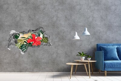 Sticker mural effet trou 3d Fleurs hawaïennes béton