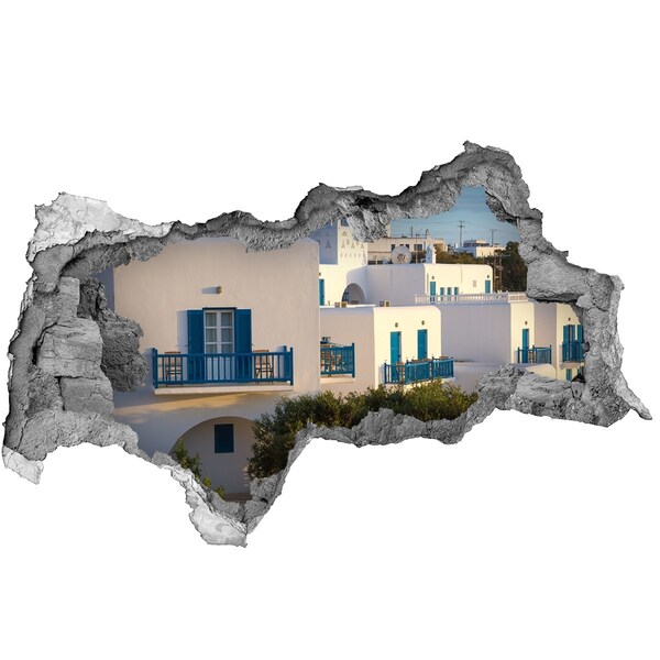 Autocollant à effet 3d trou Vue de maisons blanches aux fenêtres bleues