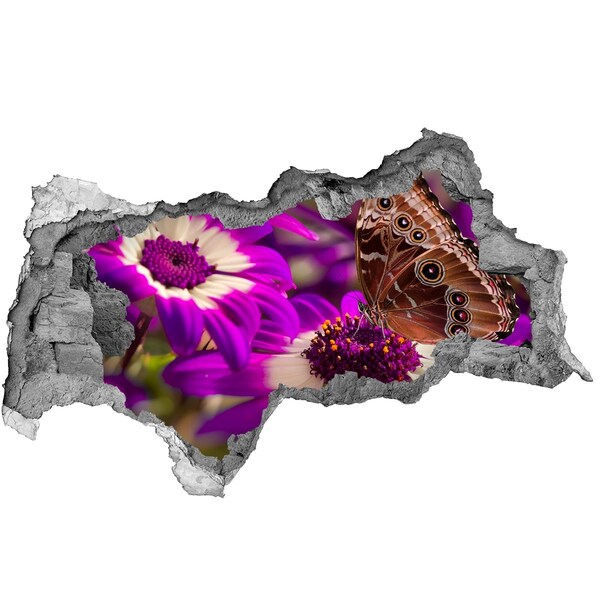 Sticker trou dans le mur Papillon sur des fleurs dans un trou dans le mur