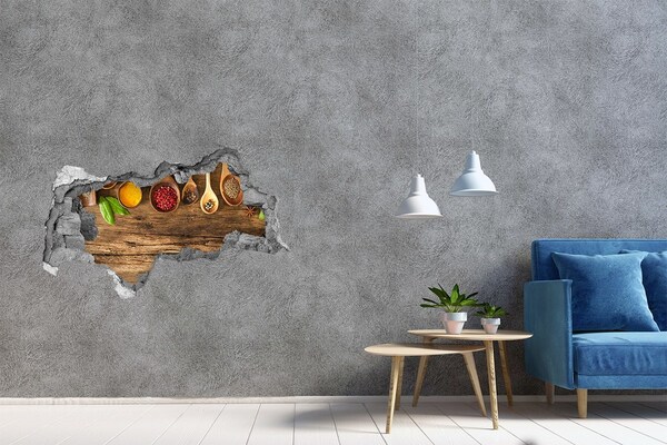Sticker trou dans le mur Épices de cuisine sur un comptoir en bois
