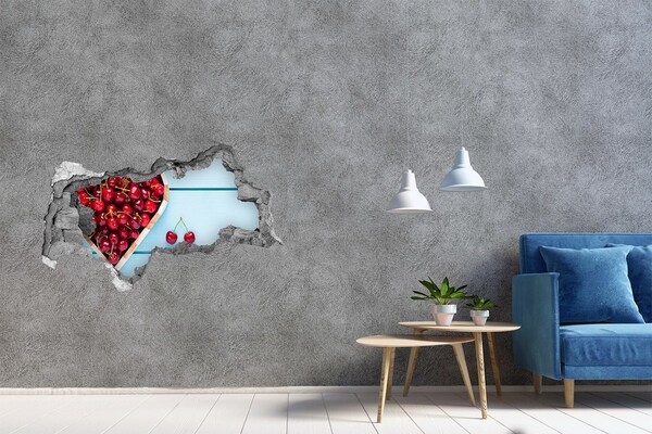 Autocollant mural trou Cerises sucrées sur fond bleu