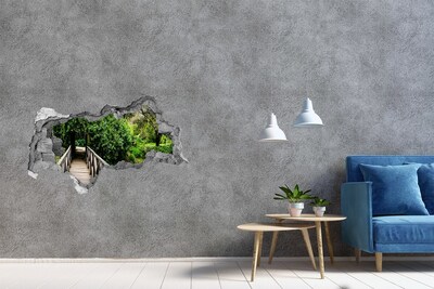 Sticker mural effet trou 3d Un paradis verdoyant avec un pont en bois