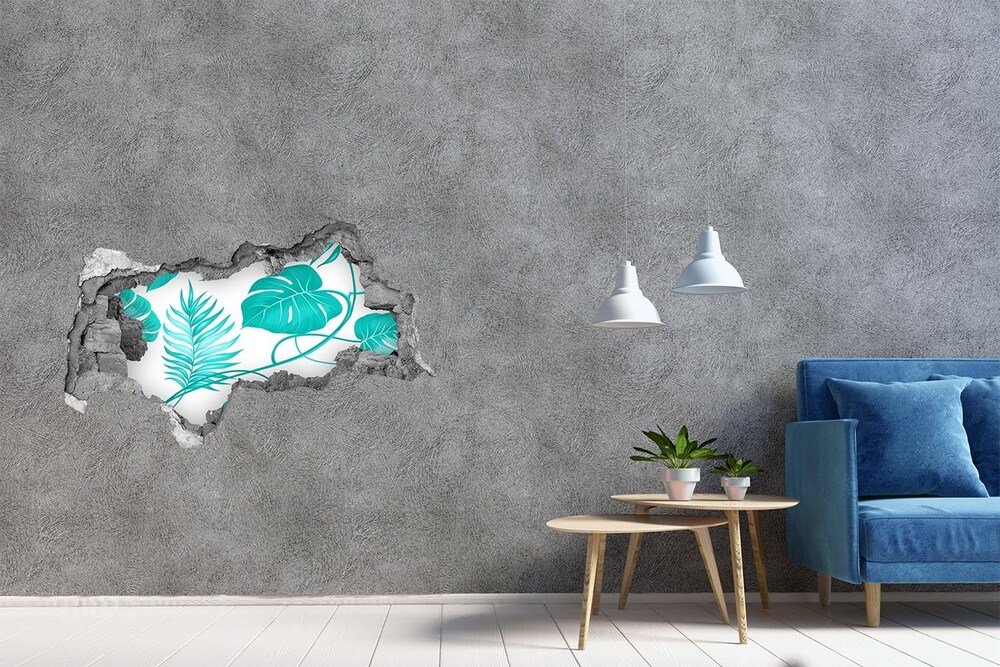 Sticker mural effet trou 3d Feuilles tropicales béton