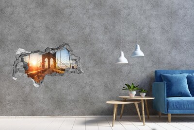 Sticker mural effet trou 3d Le pont de Brooklyn au coucher du soleil