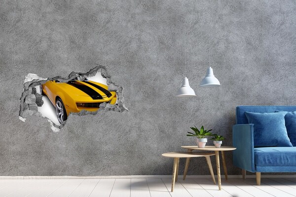 Sticker mural effet trou 3d Voiture de sport dorée