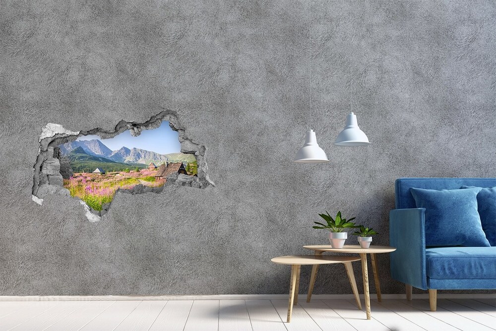 Sticker mural effet trou 3d Chalets dans les montagnes béton