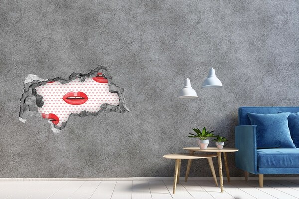 Sticker mural effet trou 3d Des lèvres dans des cœurs