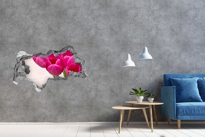 Sticker mural effet trou 3d Tulipes roses béton