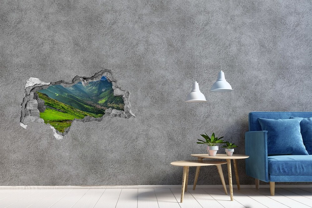 Sticker mural effet trou 3d Aube dans les montagnes béton