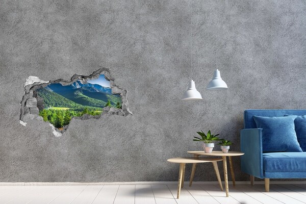 Sticker mural effet trou 3d Paysage de montagne à travers un trou dans le mur