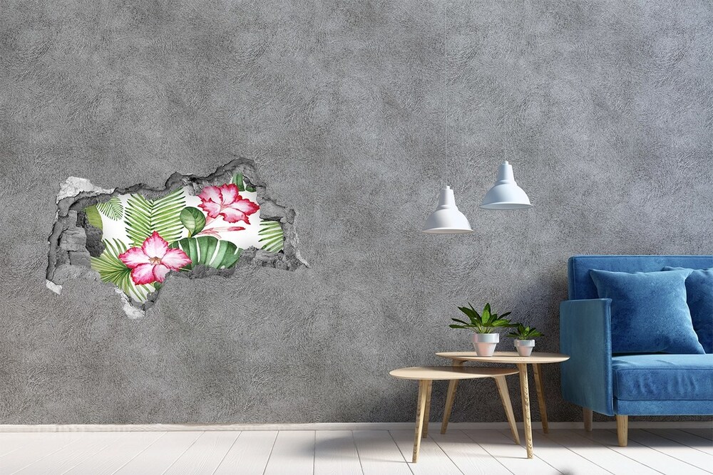 Sticker mural effet trou 3d Fleurs tropicales béton