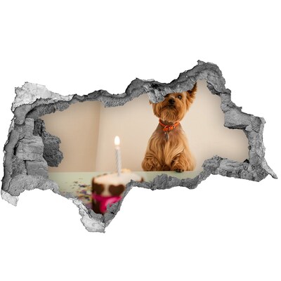 Sticker mural effet trou 3d Chien d'anniversaire avec gâteau