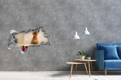 Sticker mural effet trou 3d Chien d'anniversaire avec gâteau