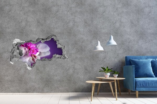 Sticker mural effet trou 3d Orchidées sur fond de pierres