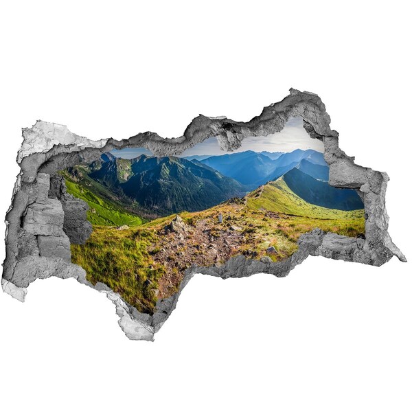 Sticker mural effet trou 3d Paysage de montagne à travers un trou dans le mur