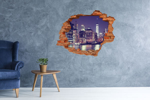 Sticker mural effet trou New York la nuit USA brique