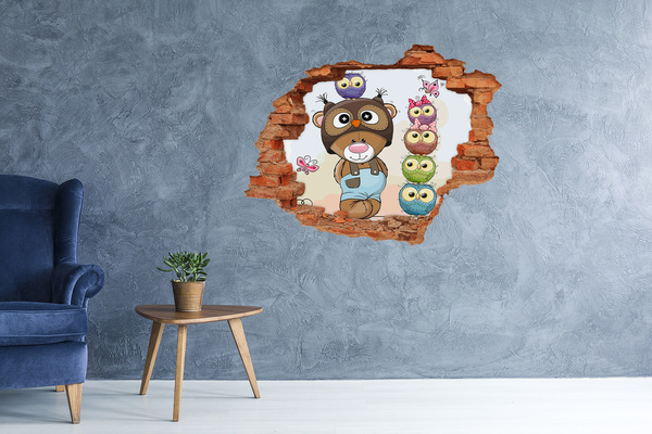 Autocollant mural trou Adorable ours en peluche avec des hiboux