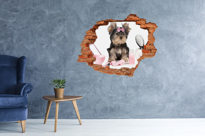 Sticker trou dans le mur Un adorable Yorkshire Terrier avec un nœud rose