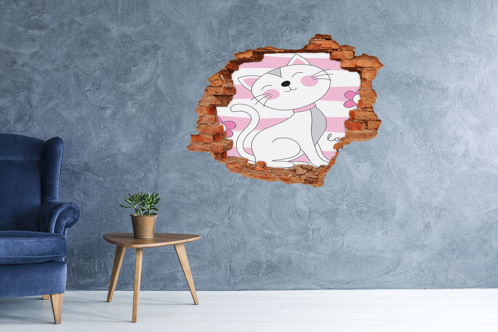 Sticker trou dans le mur Chat blanc brique