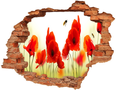 Sticker trou dans le mur Papier peint coquelicots brique