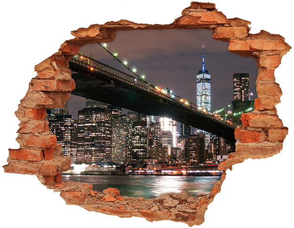 Sticker mural effet trou Le pont de Brooklyn la nuit