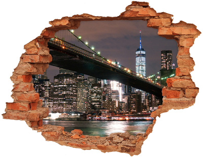Sticker mural effet trou Le pont de Brooklyn la nuit