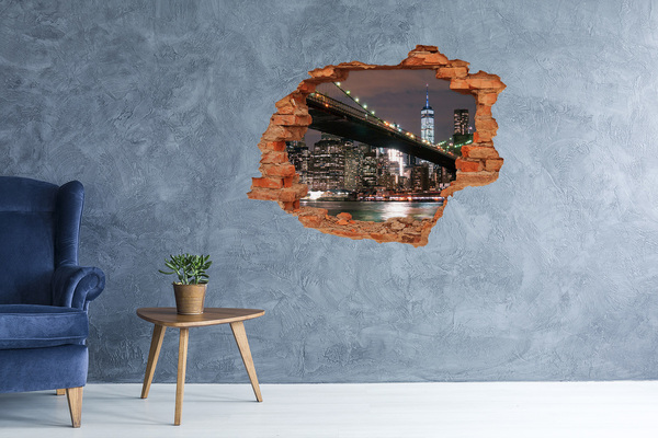Sticker mural effet trou Le pont de Brooklyn la nuit