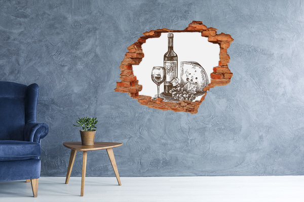 Autocollant à effet 3d trou Du vin et du fromage devant un mur abîmé.