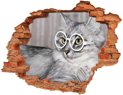 Sticker mural effet trou Chat avec des lunettes brique