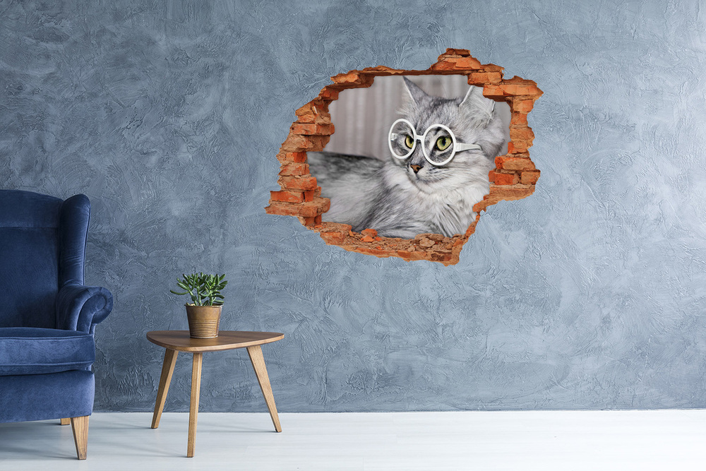 Sticker mural effet trou Chat avec des lunettes brique