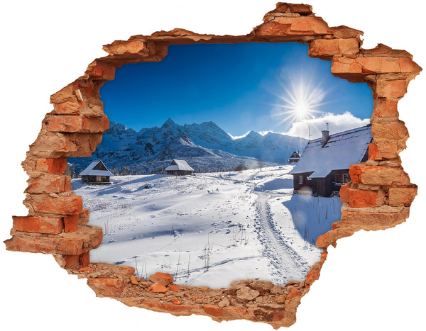 Sticker mural effet trou paysage de montagne hivernal