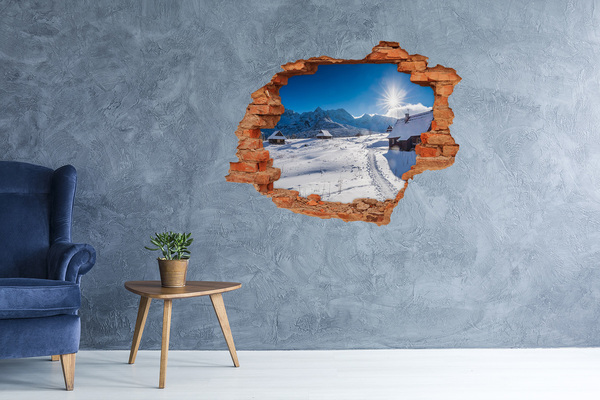 Sticker mural effet trou paysage de montagne hivernal