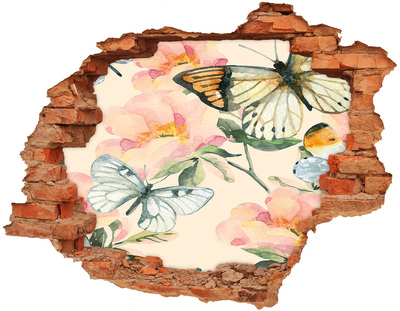 Sticker mural effet trou Papillons et fleurs brique