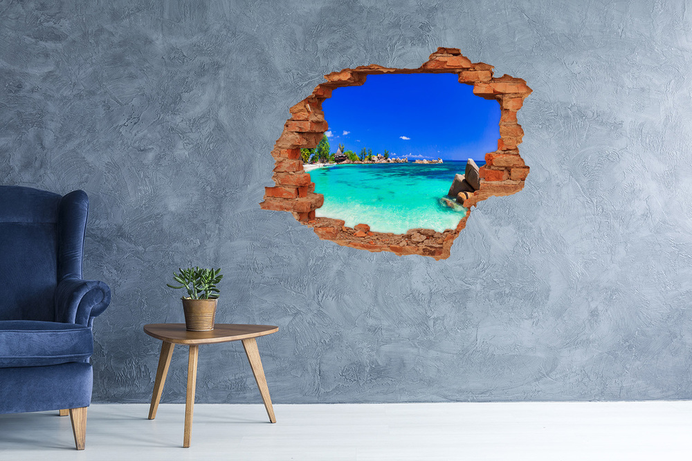 Sticker trou dans le mur Plage Seychelles brique