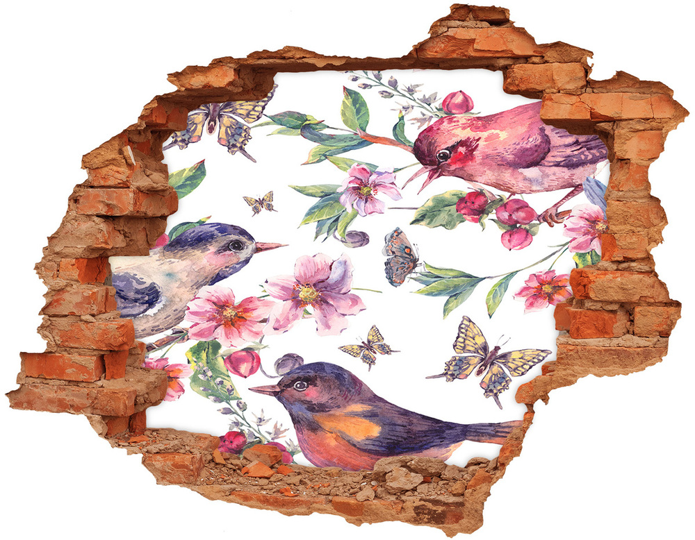 Sticker mural effet trou Des oiseaux Papillons Cerises brique