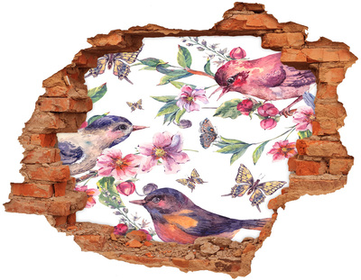 Sticker mural effet trou Un paradis floral peuplé d'oiseaux et de papillons